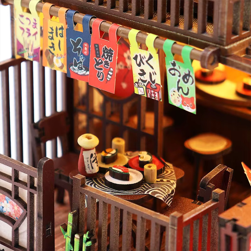 zuuton Japanisches Restaurant Miniatur-Puppenhaus, DIY-Set, 3D-Holzpuzzle, mit LED-Beleuchtung - Bild 4