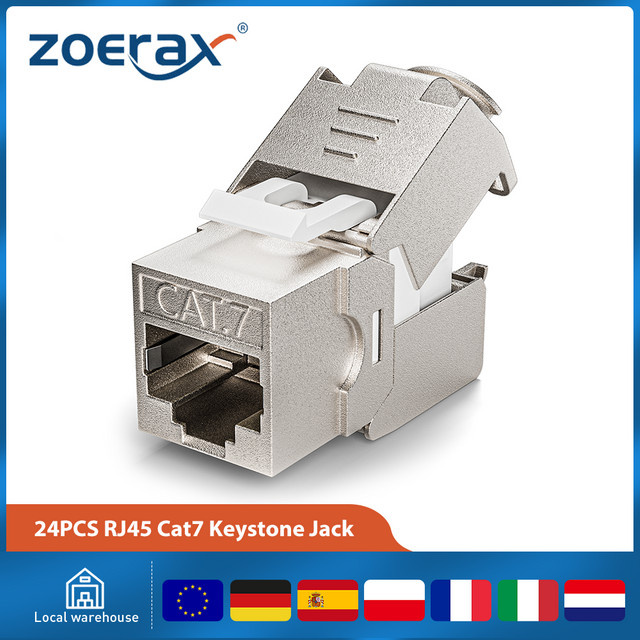ZoeRax 24 Stück RJ45 Keystone Jack Module STP Cat7 Cat6a werkzeuglose Koppler 180 Grad Typ aus Zinklegierung in Silber - Bild 1