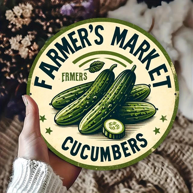 Potdemiel Metallschild Vintage Farmer's Market Cucumber Rund, Mehrfarbig, Durchmesser: 20,3 cm - Bild 1