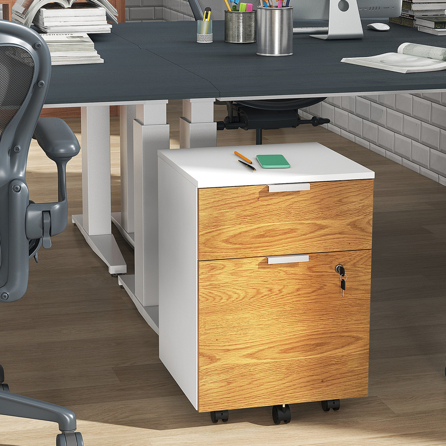 HOMCOM Büroschublade Aufbewahrungsschrank mit 2 Schubladen und 2 Aufhängestangen für Hängeregistratur, abschließbar, mit 4 Rollen, Weiß und Natur, B/T/H: 42 x 40 x 60 cm - Bild 2