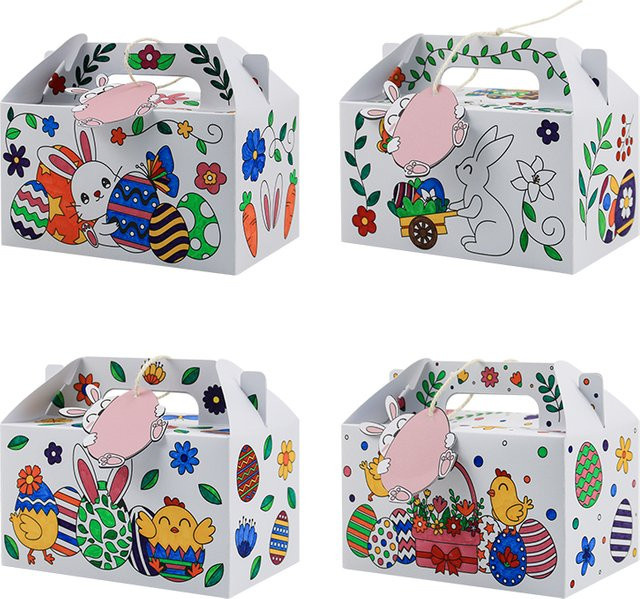 12 Stück Oster-Geschenktüten zum Selbermachen aus Kraftpapier in Braun und Mehrfarbig mit Griffen - Bild 1