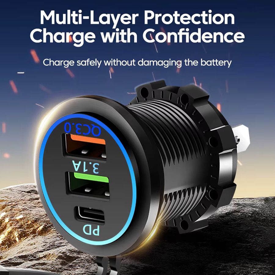 Wasserdichtes Dual USB Typ-C Ladegerät für Motorrad und Auto mit QC3.0 und 12V-24V Voltmeter in Schwarz - Bild 3