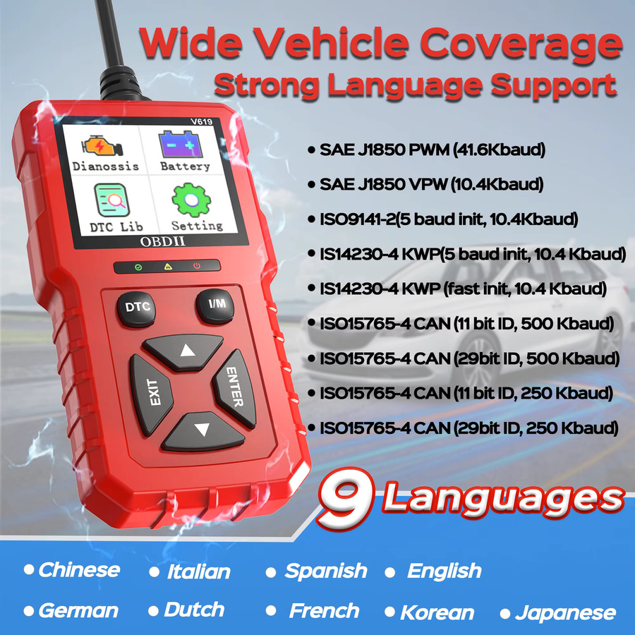 RUOGINSS OBD2-Scanner Diagnosetool in Rot mit Check Engine Light Code Reader, Reset, Live Data, Freeze Frame und I/M Readiness - Bild 6
