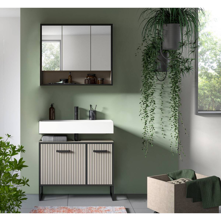 Badezimmer-Set BAGNO mit Waschbeckenunterschrank und Spiegelschrank in Schwarz und Kaschmirgrau mit Rillenoptik, B/H/T: 80 x 192 x 36 cm - Bild 3