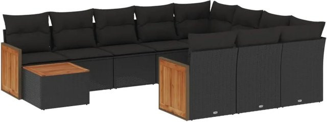 vidaXL 11-teilige Garten-Sofagarnitur in L-Form aus schwarzem Poly-Rattan mit Kissen und Akazienholz - Bild 1