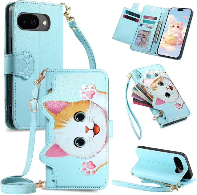 Cartoon Katzen Handyhülle für Google Pixel 11 10 Pro XL 9 Pro 8 7 Flip Lederhülle mit Handschlaufe, Umhängekordel und Kartenfach in Beige oder Blau - Bild 1