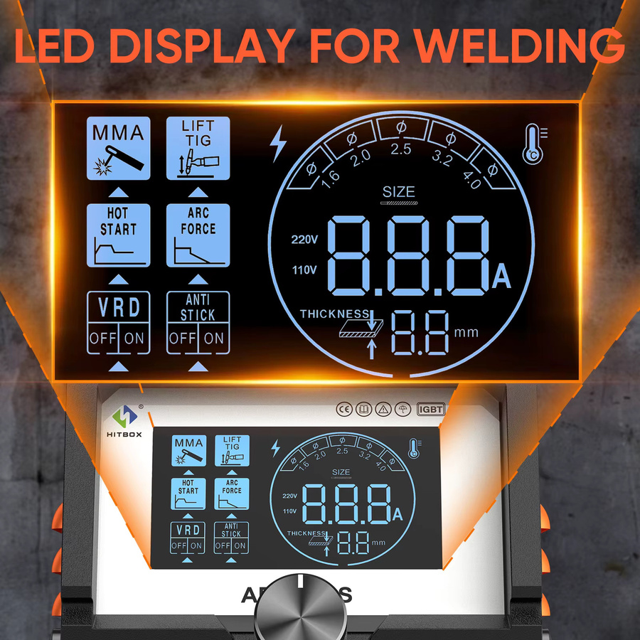 HITBOX ARC200S Tragbares 2in1 Schweißgerät MMA und Lift TIG Schweißmaschine mit IGBT Inverter und LED-Digitalanzeige, Orange, 10-200A, 220V - Bild 2