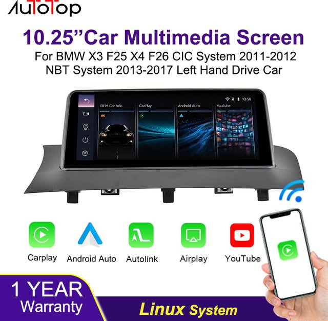AUTOTOP 10,25 Zoll Linux Touchscreen für BMW X3 F25 und X4 F26 (2011-2016) mit CIC NBT, Android Auto, Bluetooth, Youtube und Airplay in Schwarz - Bild 1
