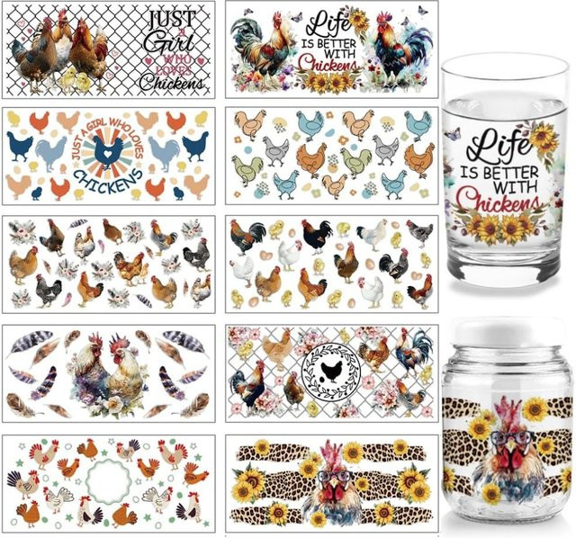 10 Blatt UV DTF Cup Wrap Transfer-Aufkleber im Bauernhof-Design mit Huhn und Hahn, Multicolor, passend für 16 Unzen Gläser - Bild 1