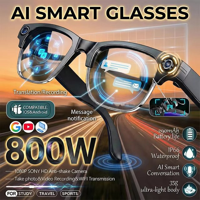 GUHUAVMI Pixel Smart-Brille in Schwarz mit 800W Kamera, KI-Fotoerkennung, Videoaufnahme sowie Anruf- und Sprachübersetzung - Bild 1