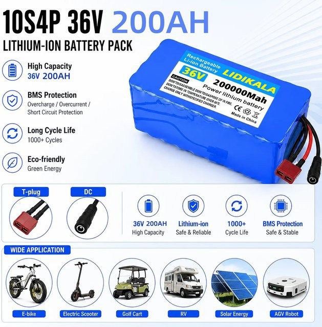 Ddadache Lithium-Batterie 36V 200Ah für Elektroroller, 10S4P 18650 Batteriepack in Blau - Bild 1
