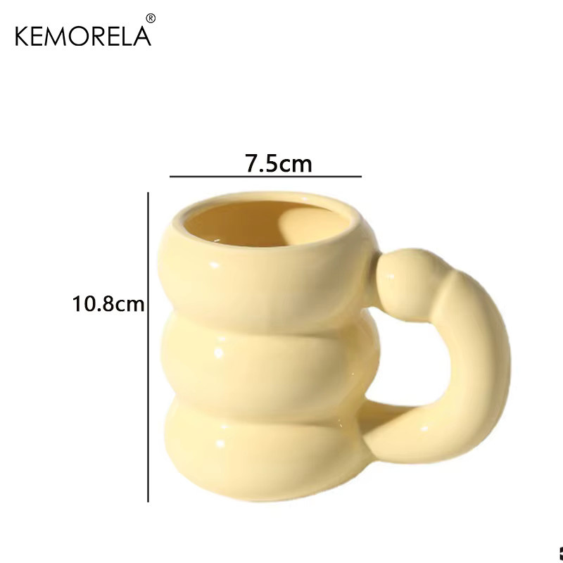 KEMORELA Keramikbecher mit Griff in Gelb, mikrowellengeeignet, Design mit Kreis-Blasen-Optik für Kaffee, Tee oder Milch - Bild 3