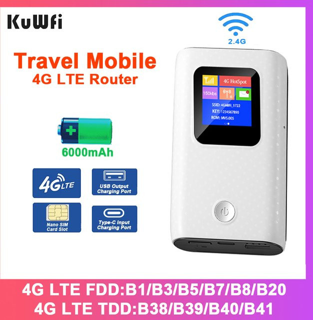 KuWFi CAT4 4G Mobiler Router mit 6000-mAh-Akku und integriertem SIM-Kartensteckplatz als tragbarer Reise-WiFi-Hotspot - Bild 1