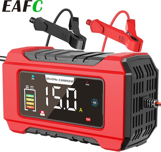 EAFC Intelligentes Autobatterie-Ladegerät mit großem Bildschirm, 12 V/24 V, Puls-Reparatur-Ladegerät für Blei-Säure, AGM, Gel, WET und LiFePO4 Batterien, Farbe: Rot - Bild 1
