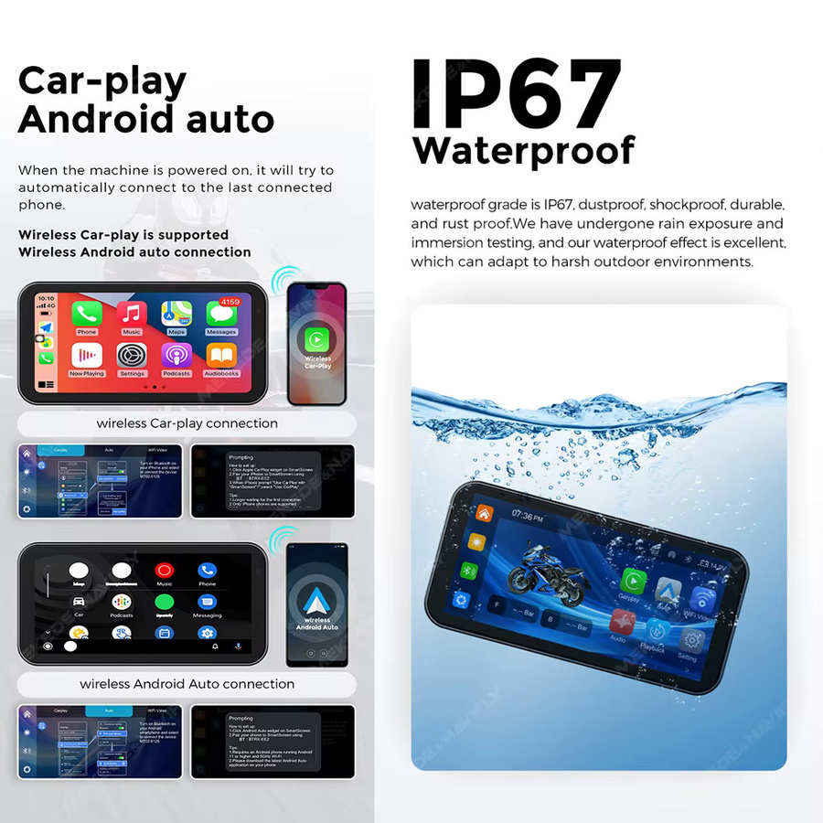 Navifly Motorrad GPS Navigation mit 6,25 Zoll Display, kabelloses CarPlay und Android Auto, Dual Bluetooth, 1080P Kamera Recorder, IP67 wasserdicht, Schwarz - Bild 4