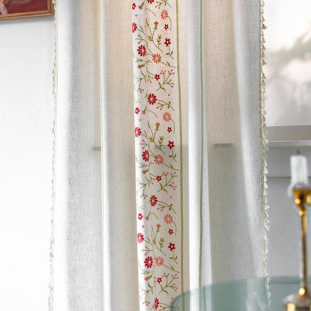 SH Home Decoration Erkerfenstervorhang aus Baumwolle und Leinen mit Kunst-Quastenstickerei, Weiß, Höhe: 45 cm, Breite: 132 cm - Bild 1