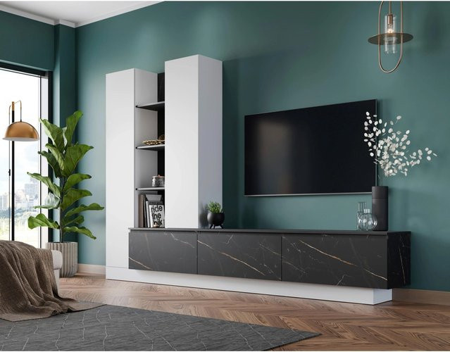 Livetastic Anbauwand Modesto Lowboard in Weiß/Schwarz mit Soft-Close-Türen, B/T/H: 200,5 x 40,0 x 295,0 cm - Bild 1
