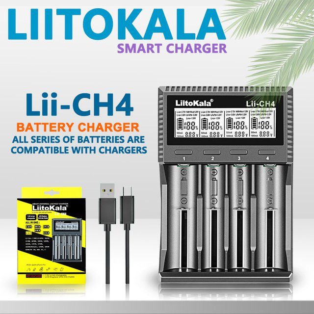 LiitoKala Intelligentes Batterieladegerät Lii-CH4 in Schwarz für 1,2V 1,5V 3,2V 3,7V 3,80V Akkus wie 18650 21700 26650 32700 sowie AA und AAA - Bild 1