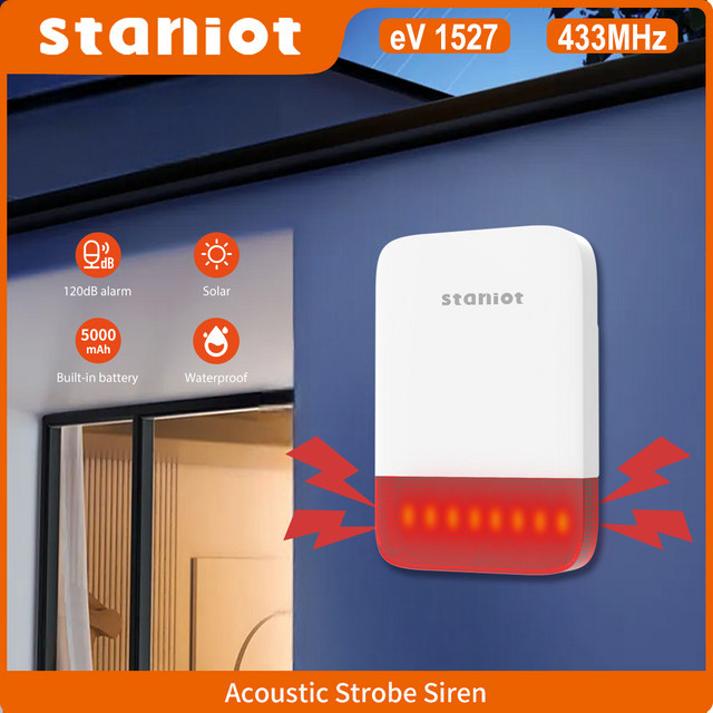 Staniot Kabellose Stroboskop-Sirene in Weiß mit 120 dB, Wasserdicht und Solarpanel-Unterstützung sowie integriertem 5000-mAh-Akku - Bild 1