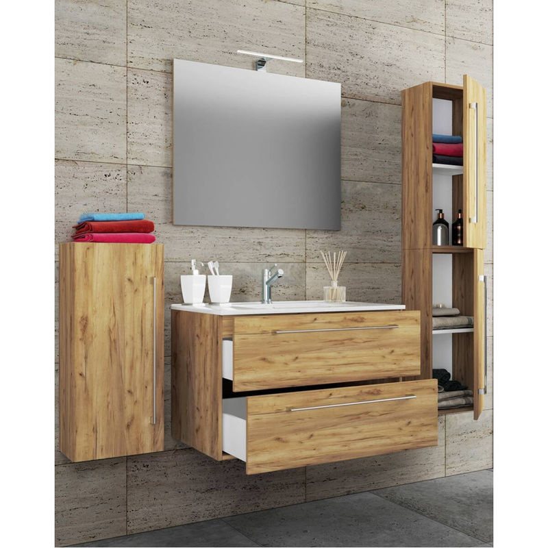 VCM Badmöbel Set Badinos 5-tlg. in Weiß und Eiche Honig mit Keramik Waschbecken, Spiegel, Midischrank und Hochschrank, B/H/T: 81 x 150 x 46 cm - Bild 2