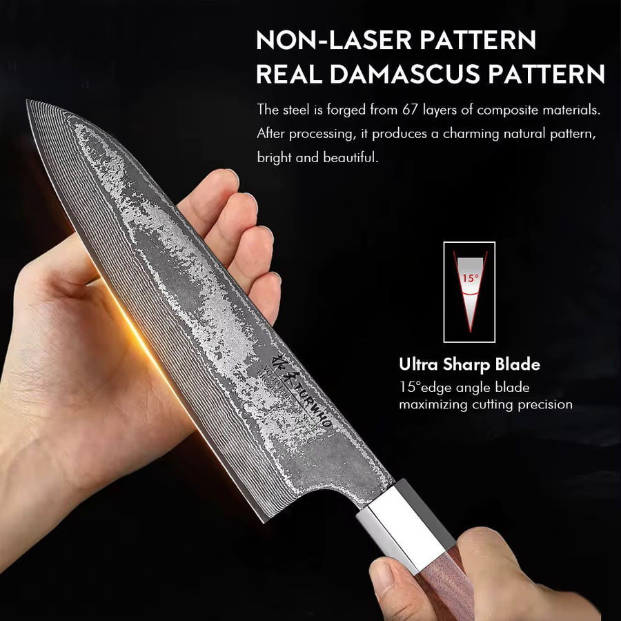 TURWHO Santoku Küchenmesser aus 67-lagigem Damaststahl, 17,78 cm handgeschmiedetes Kochmesser mit Holzgriff - Bild 4