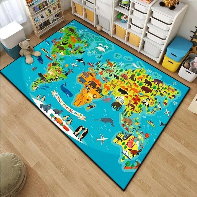 Kinder Weltkarte Cartoon Teppich HGHT, bunter Bereichsteppich aus Polyester für Kinderzimmer, Wohnzimmer oder Badezimmer, B/T: 120 x 160 cm - Bild 1