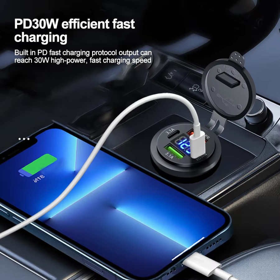kebidumei 83W Motorrad und Auto Ladegerät mit PD 30W Schnellladefunktion, Dual USB und Typ C Steckdose, Voltmeter, Wasserdicht, Schwarz - Bild 2