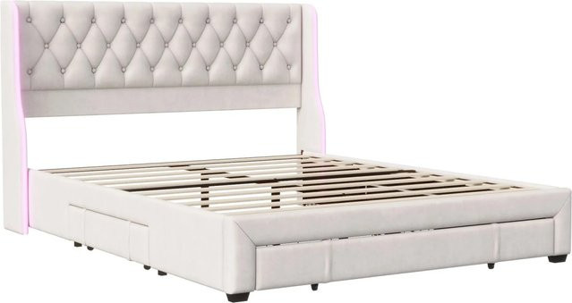 PXloue Polsterbett mit Schubladen und LED in Beige aus Samt, B/T/H: 140 x 200 x 106 cm (Höhe: 146 cm, Gesamthöhe: 208 cm) - Bild 1
