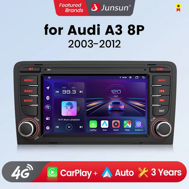Junsun 7-Zoll Autoradio mit kabellosem CarPlay und Android Auto für Audi A3 8P S3 RS3 (2003-2012) in Schwarz mit GPS, Bluetooth und Sprachsteuerung - Bild 1