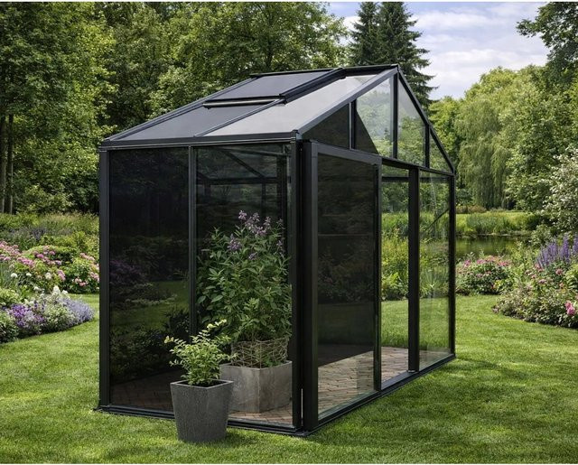 Bloomcabin Gewächshaus Klassik in Schwarz mit integriertem Stauraum, Sicherheitsglas und Aluminiumrahmen, B/T/H: 235 x 160 x 160 cm - Bild 1