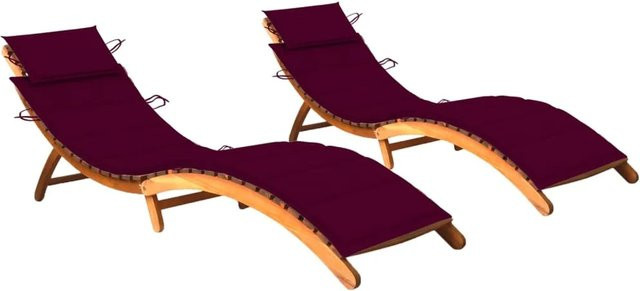 vidaXL Sonnenliegen Set aus 2 Stück aus Massivholz Akazie mit weinroten Auflagen für Garten und Terrasse - Bild 1