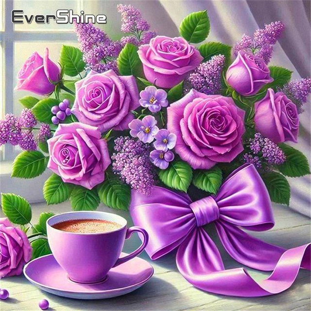 Evershine Diamant-Stickerei Rosen-Bastelset in Violett mit quadratischen Strasssteinen, DIY-Mosaik-Gemälde B/H: 20 x 20 cm - Bild 1