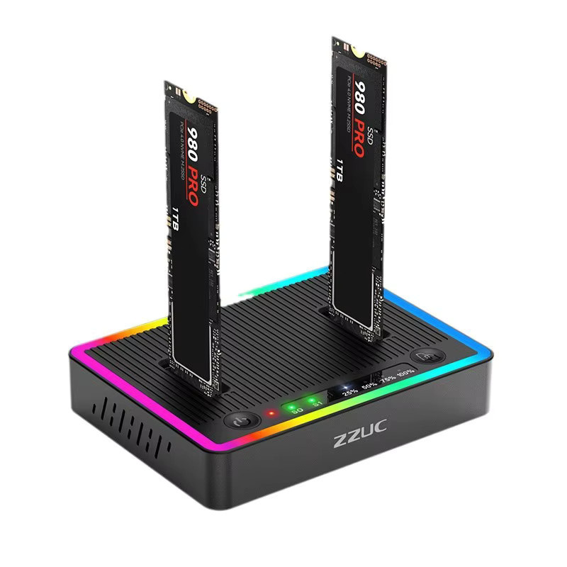 Kebidu Dual-Bay M.2 NVMe/SATA SSD Klon-Dockingstation mit Offline-Klon-Funktion, USB Gen2 und RGB-Beleuchtung, Schwarz/Multicolor - Bild 6
