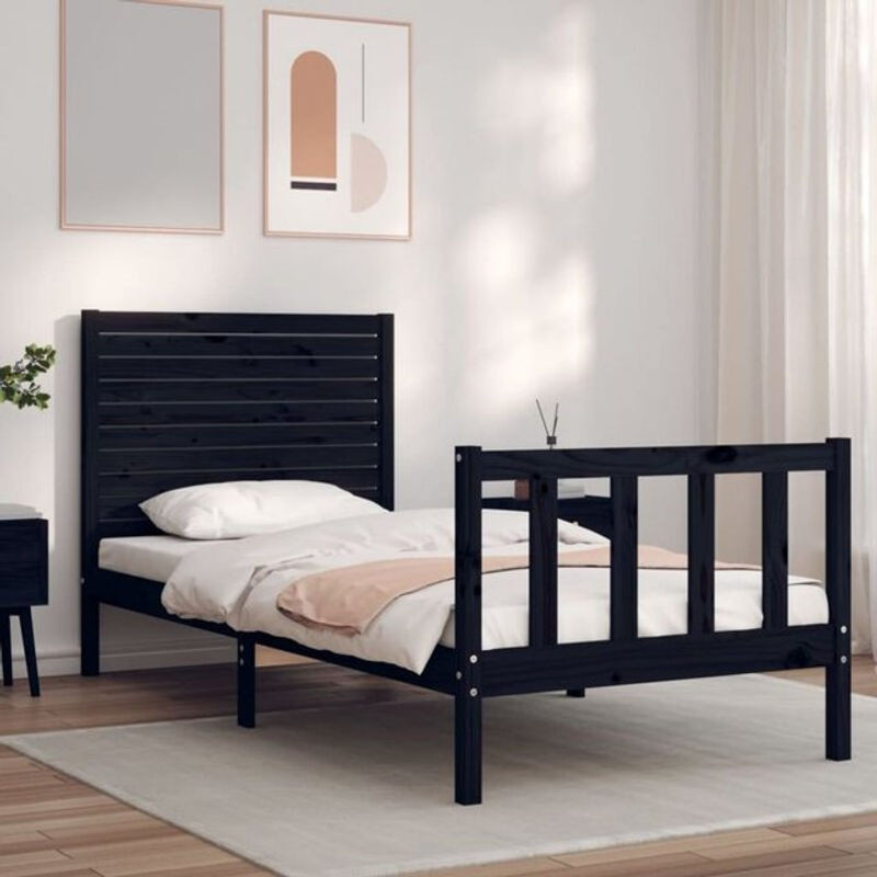 Massivholzbett aus Kiefer mit Kopfteil von vidaxl in Schwarz im Landhaus- und minimalistischen Stil, B: 100 cm, H: 80,5 cm, T: 190 cm - Bild 1