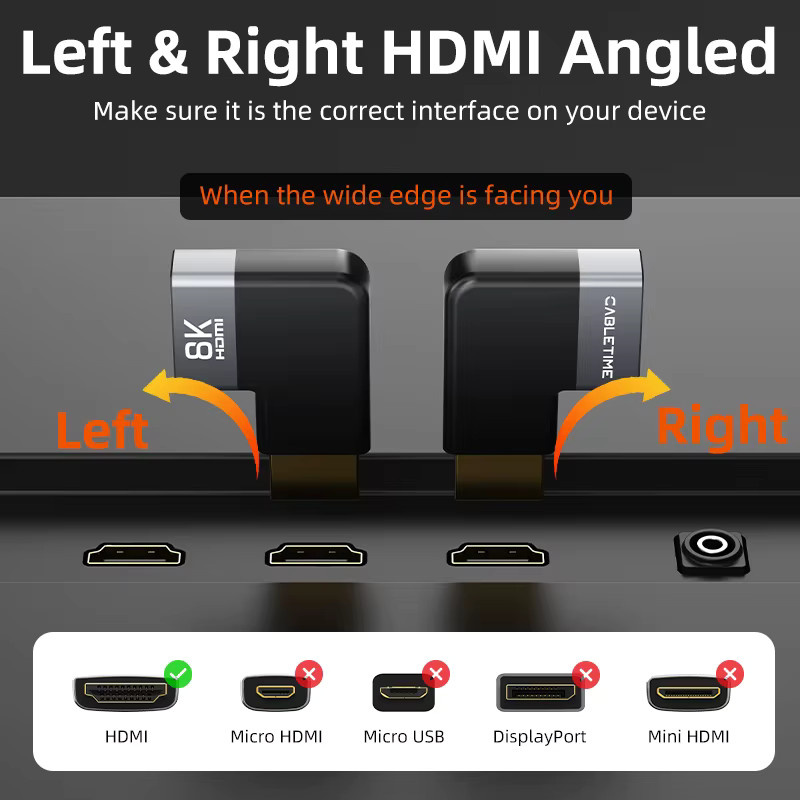 CABLETIME HDMI 2.1 Adapter Right Angle Stecker auf Buchse in Schwarz mit 8K 60Hz und 48Gbps Unterstützung für HDTV, Laptop und PS5 - Bild 4