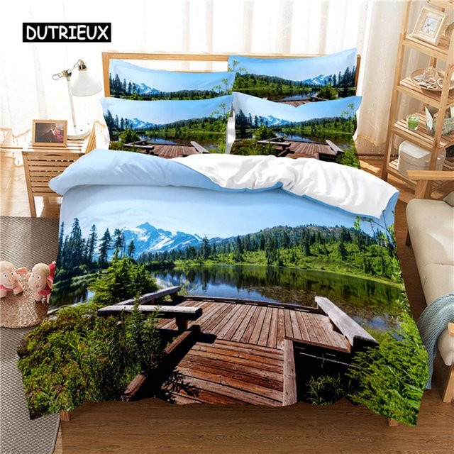 Binchi Outdoor Product Bettwäsche-Set mit Landschafts-Digitaldruck, Blau, Queen Size, B/H: 210 x 210 cm - Bild 1