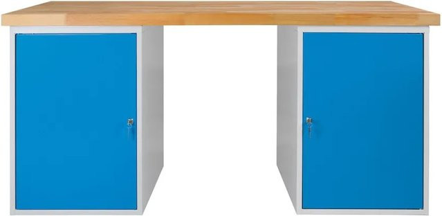 PROREGAL Werkbank Rhino Plus mit 2 Stahlblechkästen und Buchenholzplatte, H x B x T: 84 x 150 x 70 cm, Traglast 500 kg, Lichtgrau und Lichtblau - Bild 1