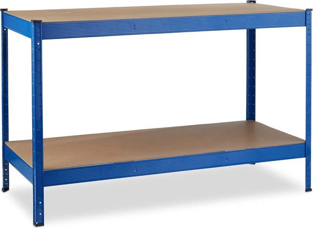 Relaxdays Werkbank mit 2 Ebenen aus Stahl und MDF in Blau und Natur, höhenverstellbar, B/T/H: 141 x 61 x 90,5 cm - Bild 1