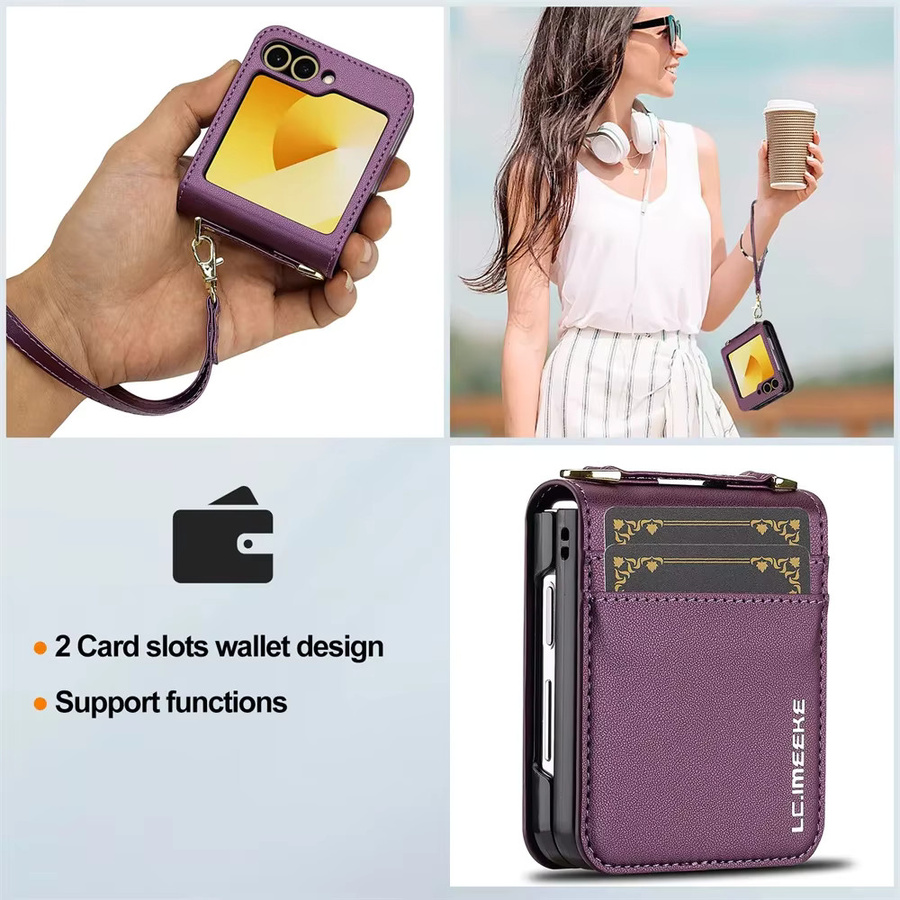 Lederne Crossbody-Geldbörsenhülle für Samsung Galaxy Z Flip 8 7 FE 6 5 4 3 5G mit Kartenhalter, Handschlaufe und Lanyard in Purple - Bild 3