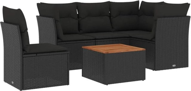 vidaXL 6-teilige Garten-Sofagarnitur in L-Form aus Polyrattan und Akazienholz mit Kissen, Schwarz - Bild 1