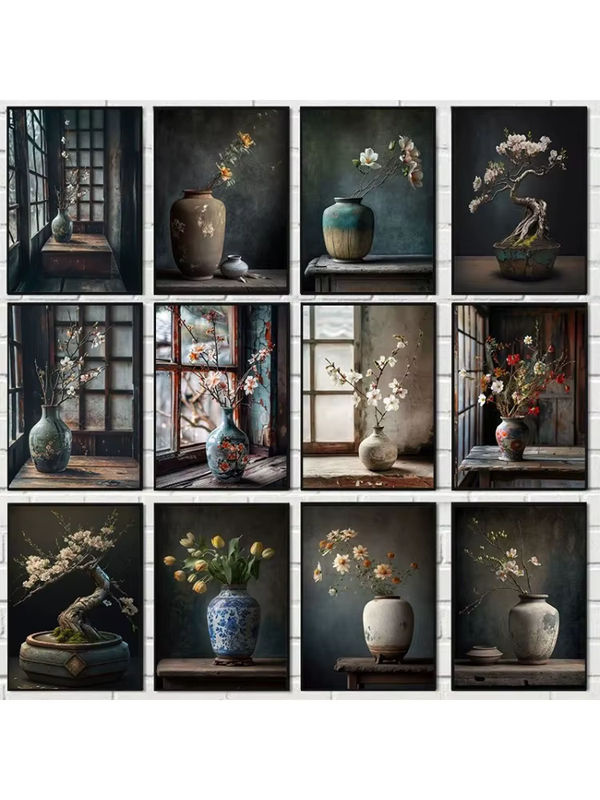 Potdemiel Vintage Leinwandgemälde mit floralem Motiv und Vase als Wanddekoration in Hochformat und Mehrfarbig - Bild 4