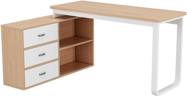 NK Space Schreibtisch in minimalistischem Design mit 3 Schubladen und 2 offenen Ablagefächern, Farbe: Weiß/Mehrfarbig, B/T/H: 147 x 100 x 75,3 cm - Bild 1
