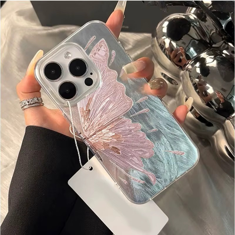 Rosa Schmetterling Handyhülle aus Federgarn für Apple iPhone passend für verschiedene Modelle - Bild 3