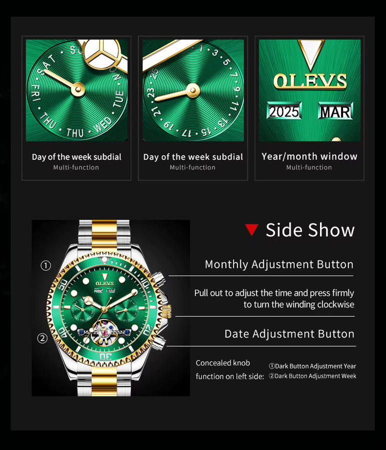 OLEVS Armbanduhr Automatik, Edelstahl, Grün, Gold, Herren - Bild 5
