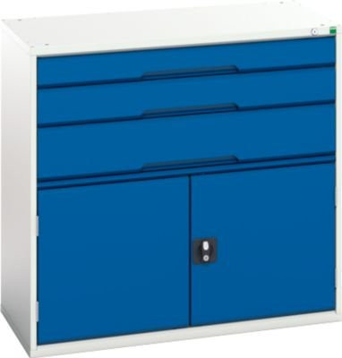 Schubladenschrank Bott verso aus Stahlblech mit 3 Schubladen und 2 Flügeltüren, abschließbar, B/T/H: 105 x 55 x 100 cm, lichtgrau/enzianblau - Bild 1