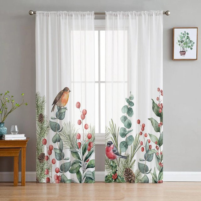 Yiran Furniture Robin Gardine im Landhausstil mit Blättermuster, weißer Tüll-Voile-Vorhang mit Ösen, Breite: 135 cm, Höhe: 115 cm - Bild 1