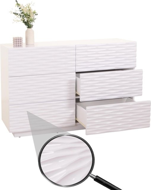 MCW Kommode M52 Sideboard in Hochglanz Weiß mit 3D-Design Schubladen, B/T/H: 120 x 42 x 81 cm - Bild 1