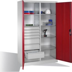 C+P Werkzeugschrank mit Drehtüren, 6 Böden und 8 Schubladen, Lichtgrau/Rubinrot, H: 195,0 cm, B: 120,0 cm, T: 50,0 cm - Bild 1