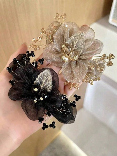 Haargummi Blumen- und Blattdesign, Strasssteine, brown, Damen - Bild 1