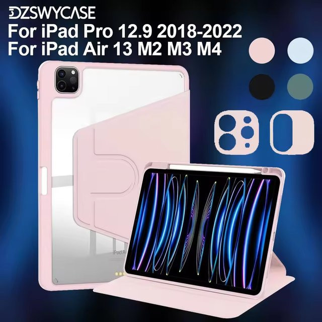 DZSWYCASE Schutzhülle für iPad Pro 12.9 (2018-2022) und iPad Air 13 (M2, M3, M4) mit 360 Grad drehbarer Rückseite, integriertem Stifthalter und transparenter Acrylabdeckung in Blau oder Pink - Bild 1